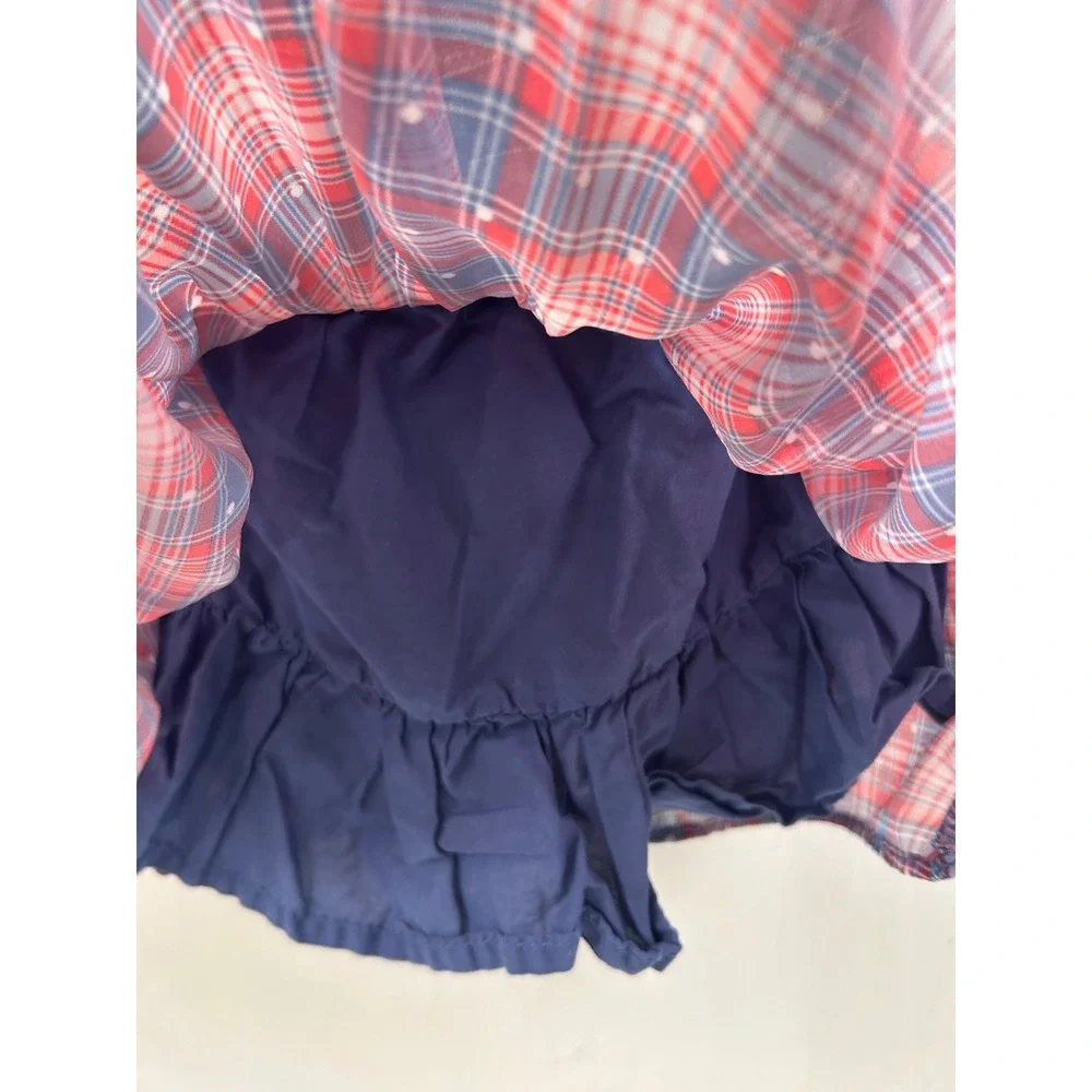 OshKosh B'gosh Overall Dress 24M Blue Red Plaid Denim Bib Skirt Toddler Girl